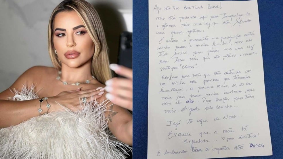 Deolane Bezerra foi presa e escreveu carta para fãs alegando inocencia.