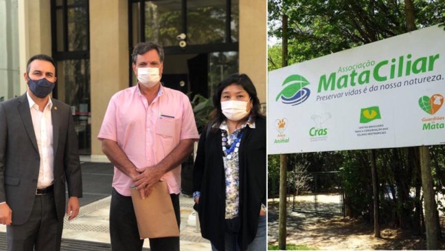 Deputado Alexandre Pereira juntamente com o presidente da Associação Mata Ciliar de Jundiaí, Jorge Bellix, e a coordenadora Cristina Harumi Adania.