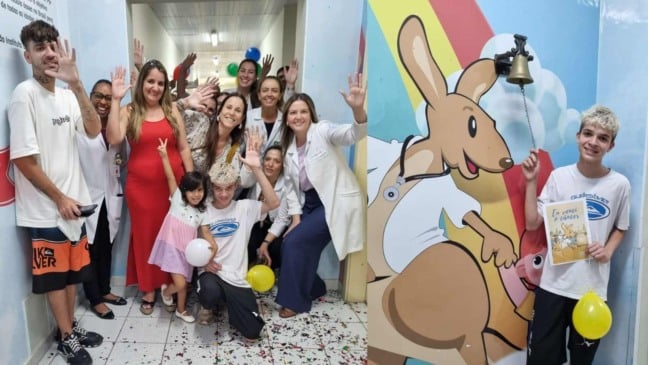 Wellington com sua família à esquerda; Wellington tocando sino da vitória, à direita.