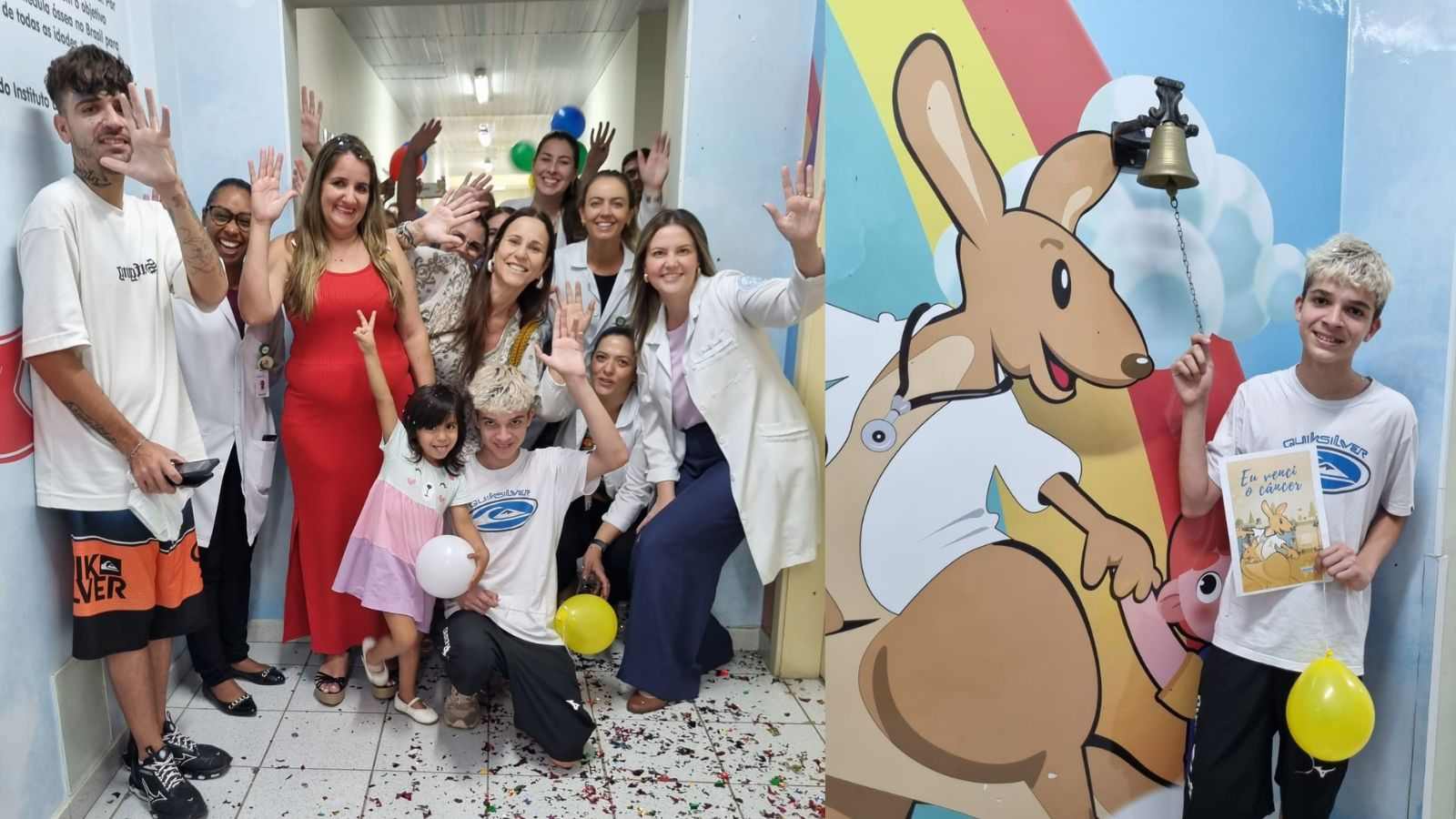 Wellington com sua família à esquerda; Wellington tocando sino da vitória, à direita.