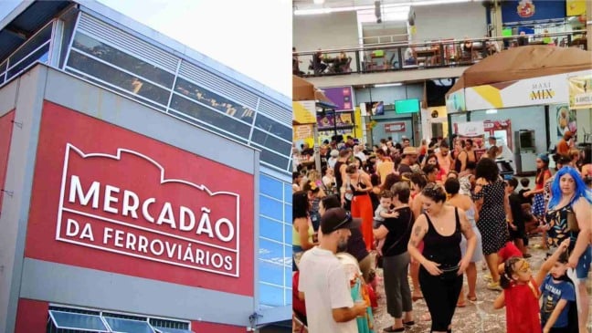 À esquerda, fachada do Mercadão da Ferroviários; à direita, bloco de Carnaval.