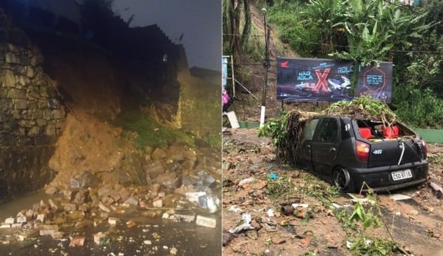 Foto de muro quebrado, à esquerda; foto de carro sujo, à direita