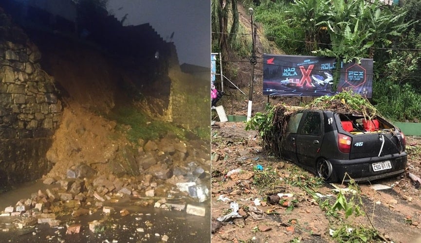 Foto de muro quebrado, à esquerda; foto de carro sujo, à direita