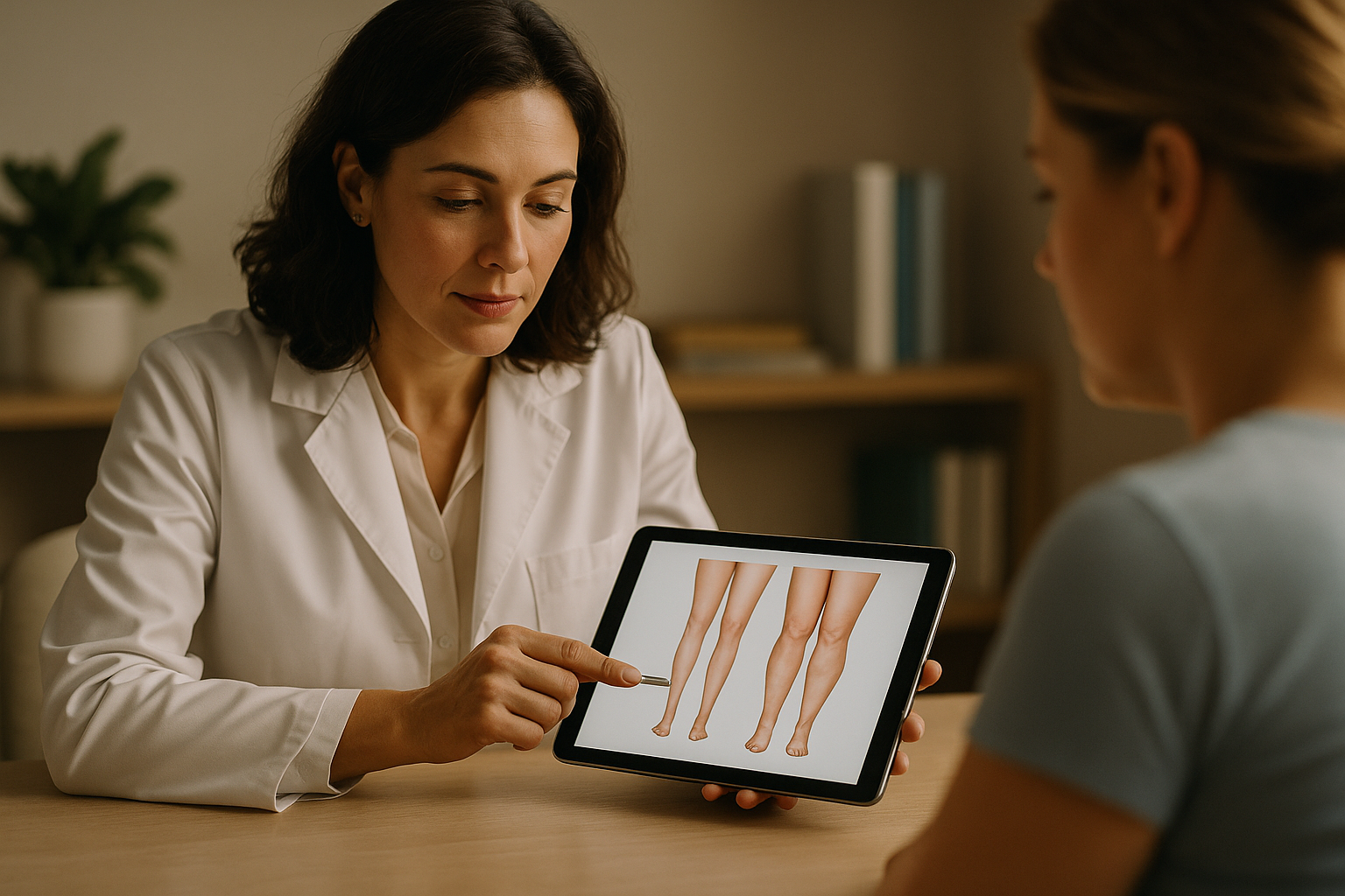 Médica apresentando imagem de pernas para paciente sobre lipedema