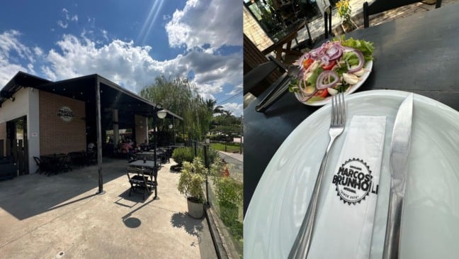 À esquerda, fachada da Cervejaria Marcos Brunholi; à direita prato do restaurante.