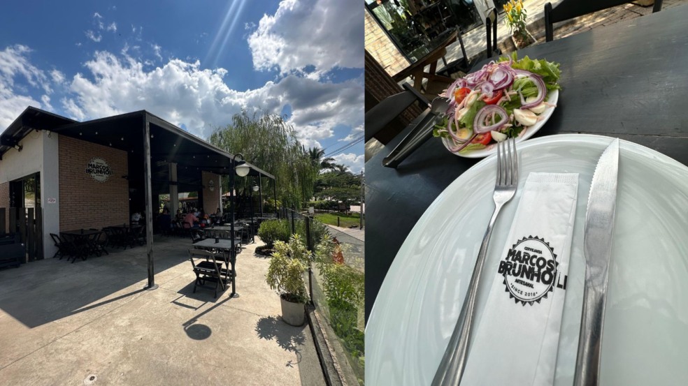 À esquerda, fachada da Cervejaria Marcos Brunholi; à direita prato do restaurante. À esquerda, fachada da Cervejaria Marcos Brunholi; à direita prato do restaurante.