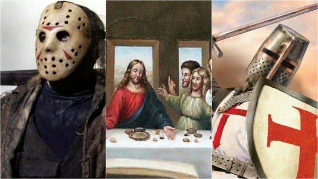 Jason Voohees; imagem da Última Ceia; Cavaleiro Templário. Elementos da sexta-feira 13.