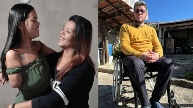 À esquerda, mulheres se abraçando - uma delas não possui o braço; à direita, cadeirante.