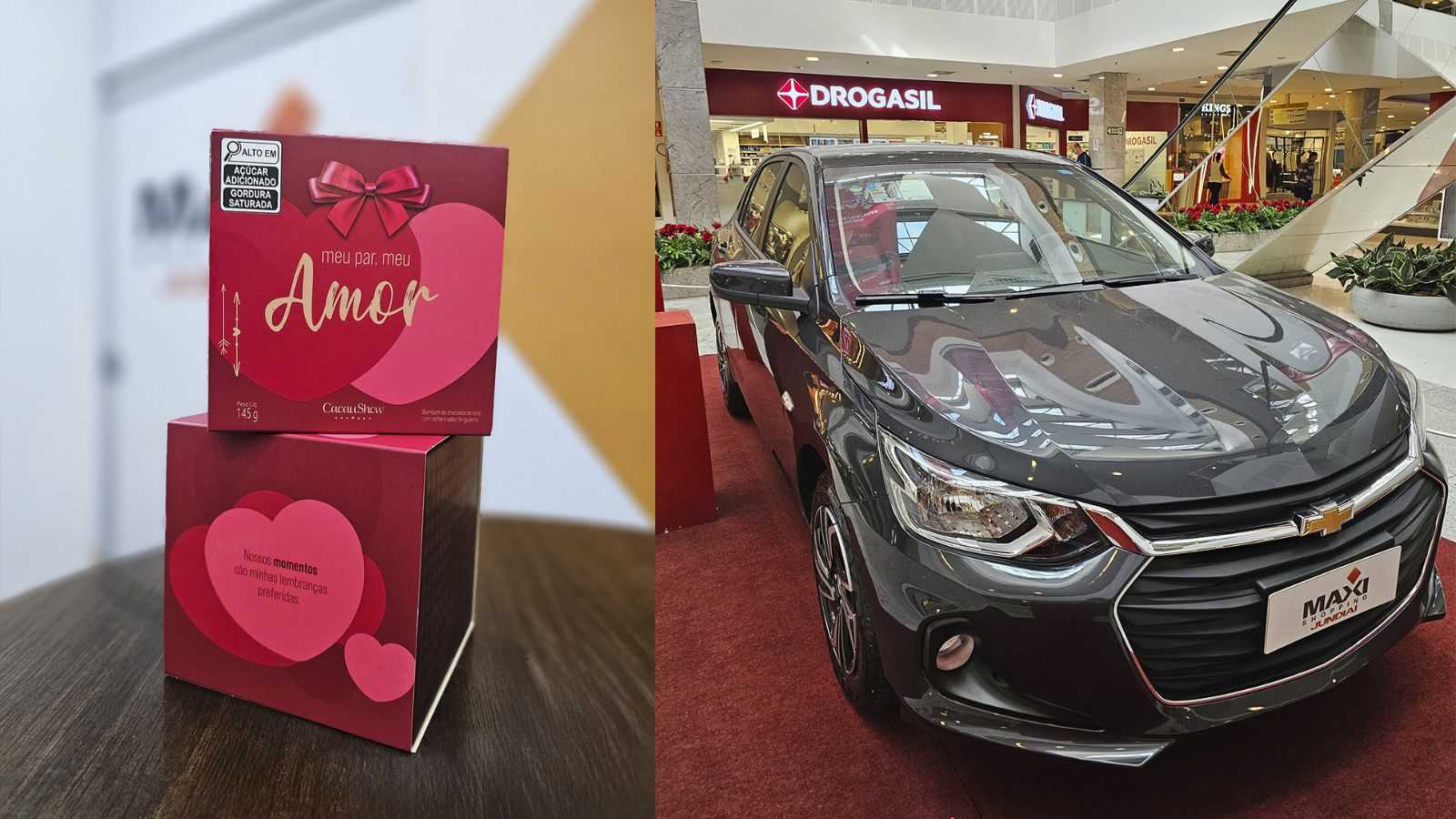 À esquerda, brinde do Cacau Show; à direita carro zero quilômetro.