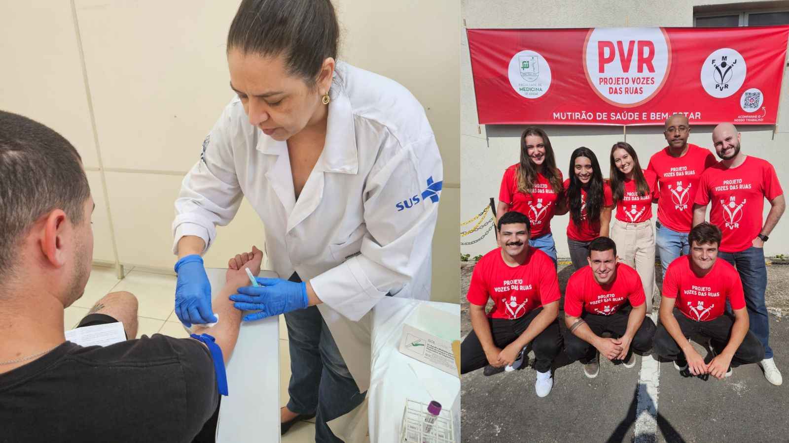 À esquerda, mulher colhendo amostra; à direita, grupo de jovens.