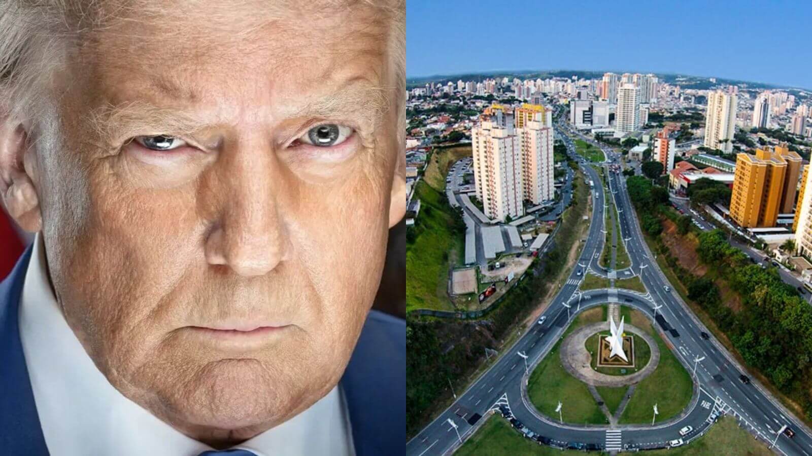Imagem de Donald Trump ao lado de foto da cidade de Jundiaí