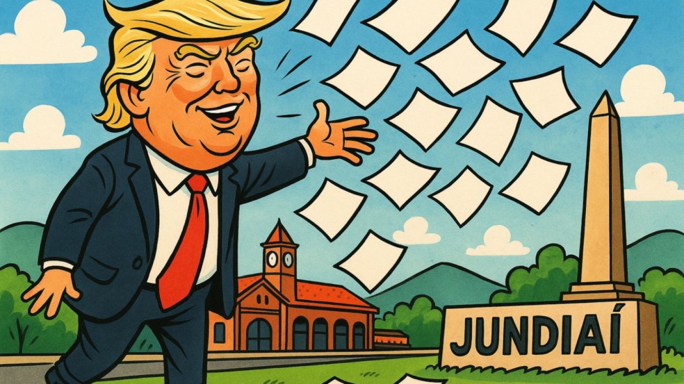 Imagem gerada por IA mostrando um desenho de Donald Trump jogando papéis na cidade de Jundiaí Imagem gerada por IA mostrando um desenho de Donald Trump jogando papéis na cidade de Jundiaí