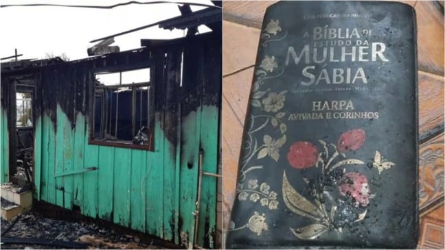 Casa destruída por incêndio ao lado de bíblia