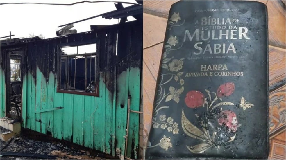 Casa destruída por incêndio ao lado de bíblia