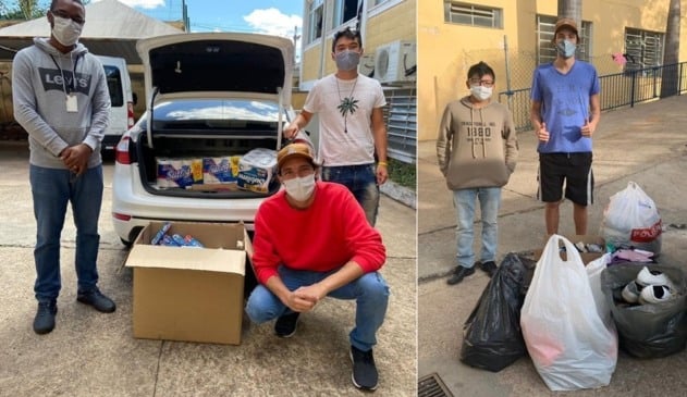 Foto de carro com doações, à esquerda; foto de pessoas recebendo doações, à direita
