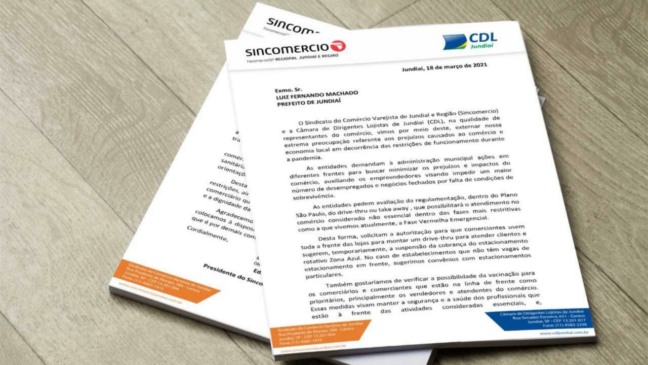 Ofício do Sincomercio e CDL enviado à Prefeitura de Jundiaí