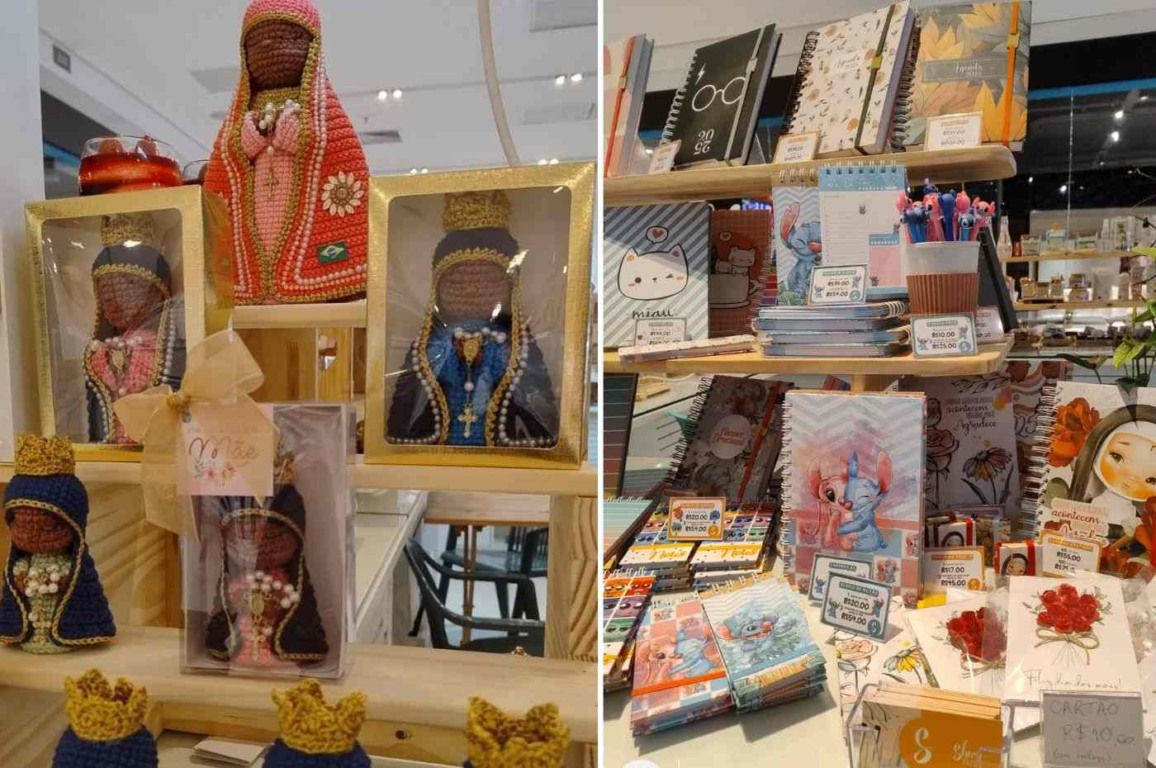 Imagem de produtos artesanais da Casa Santa Marta no Espaço Maxi Comunidade, com amigurumis religiosos e papelaria criativa.