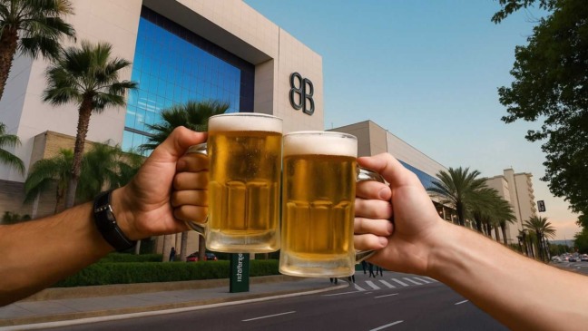 Fachada do JundiaíShopping com brinde de cerveja à frente. Montagem.