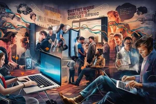 Ilustração vibrante mostra a evolução dos jogos online, com pessoas conectadas em laptops e imersas em mundos digitais interativos.