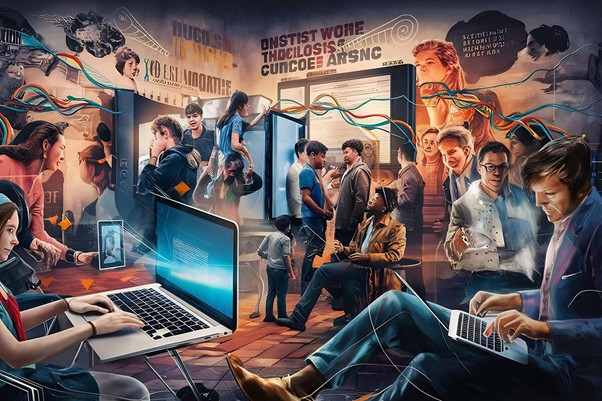 Ilustração vibrante mostra a evolução dos jogos online, com pessoas conectadas em laptops e imersas em mundos digitais interativos.