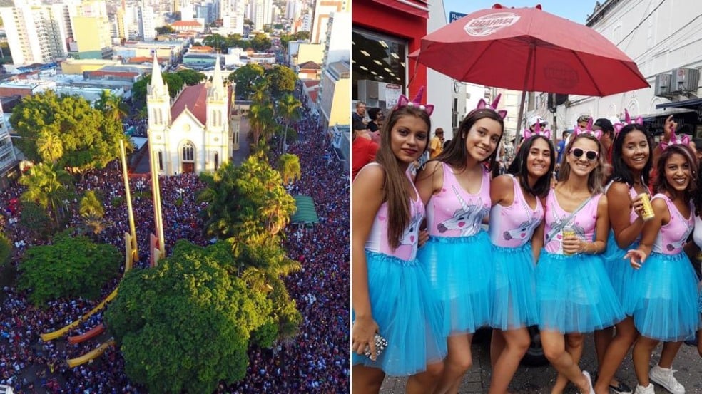 imagem de drone mostra multidão em edição passada do Refogado do Sandi. Ao lado, garotas de uma ala, fantasiadas com saia, tiaras e um guarda-chuvas