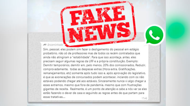 Print de mensagem do WhatsApp com carimbo de fake news Print de mensagem do WhatsApp com carimbo de fake news