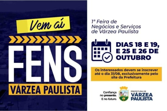 Banner promocional da FENS Várzea Paulista, com datas do evento em outubro e informa sobre o prazo de inscrição até 31 de agosto pelo site da Prefeitura.