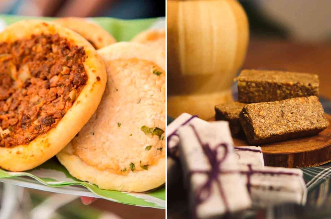 Imagem mostrando alimentos típicos da Festa Junina Vegana: esfiha de carne vegetal e cocada em pedaços, ambos em uma mesa rústica.