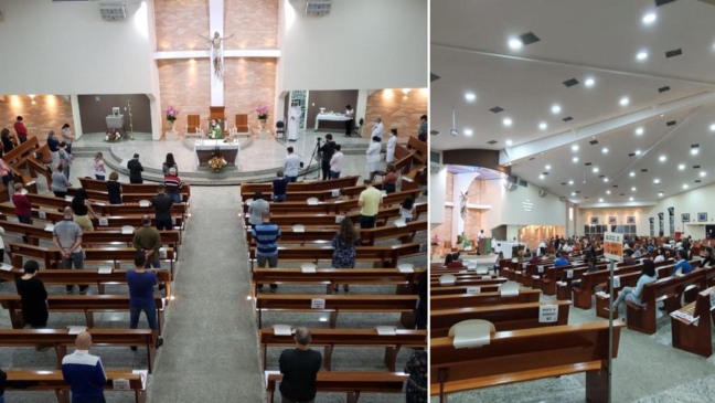 Na Paróquia São João Bosco, no Eloy Chaves, apenas 200 pessoas puderam assistir a celebração do padre Michael Henrique dos Santos - a igreja tem capacidade para mil pessoas (Foto: Divulgação)
