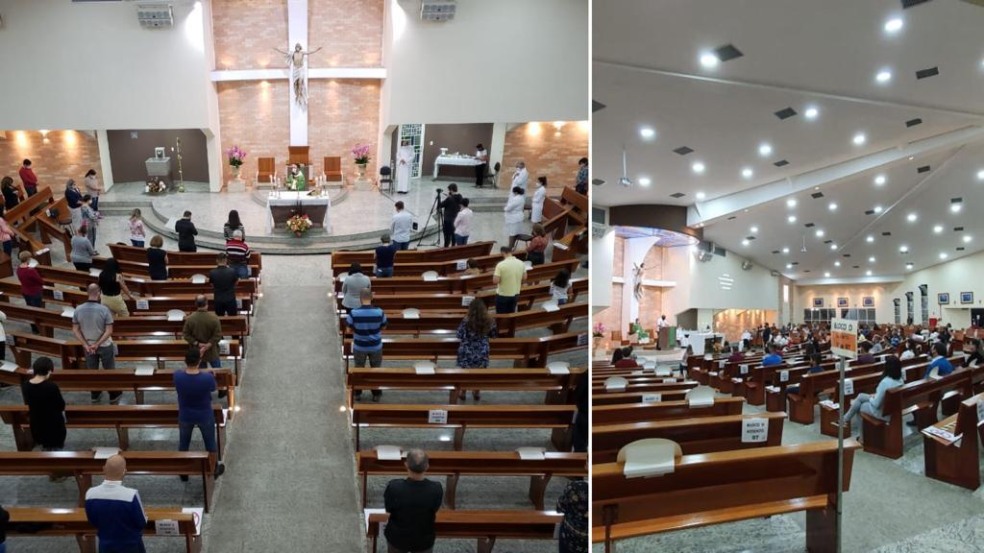 Na Paróquia São João Bosco, no Eloy Chaves, apenas 200 pessoas puderam assistir a celebração do padre Michael Henrique dos Santos - a igreja tem capacidade para mil pessoas (Foto: Divulgação)
