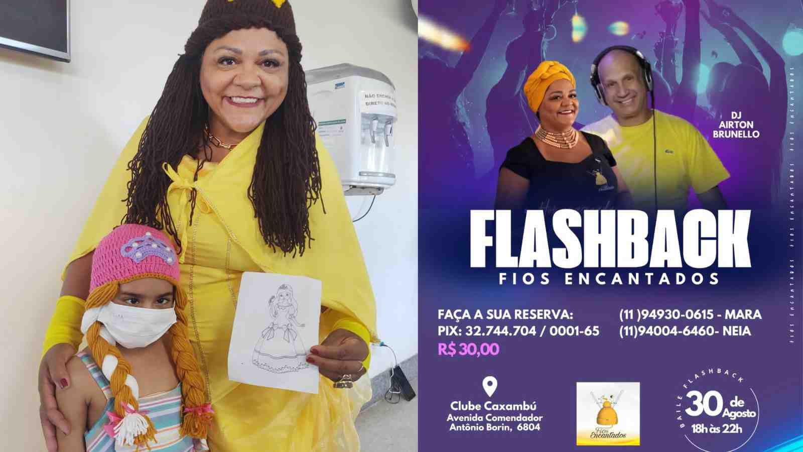 À esquerda, Mara Gisele com paciente oncológica, à direita, flyer de evento beneficente.