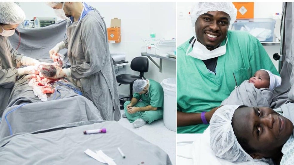 Pai passa mal e senta ao lado da maca à espera do filho (à esq.); Casal feliz com a chegada do bebê (à dir.)