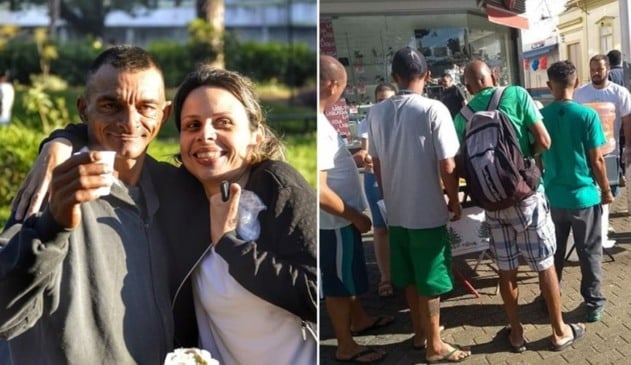 Mulher abraçada com homem, à esquerda; fila de pessoas retirando refeições, à direita