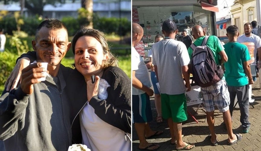 Mulher abraçada com homem, à esquerda; fila de pessoas retirando refeições, à direita