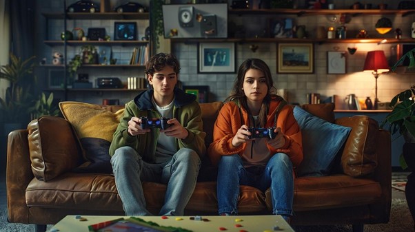Dois jovens jogando videogame no sofá, concentrados em The Last of Us, em uma sala moderna com decoração acolhedora.