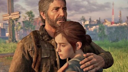 Joel abraça Ellie em uma cena emocionante de The Last of Us, destacando a ligação forte entre os personagens em um cenário pós-apocalíptico.