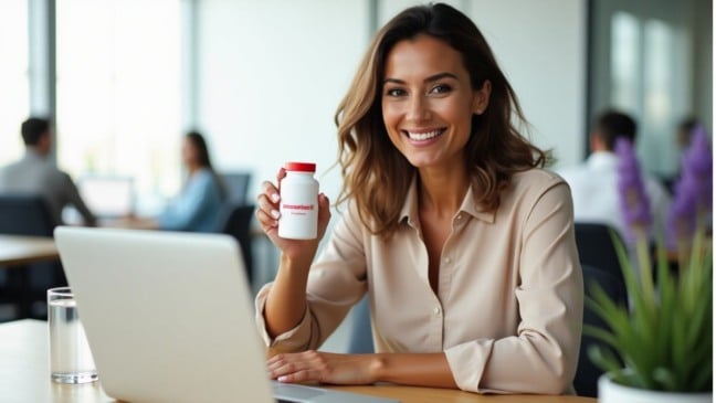 Mulher segurando frasco de medicamentos