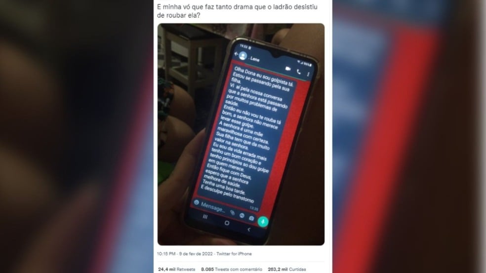 ‘Minha avó fez tanto drama que o ladrão desistiu de roubar ela’, diz publicação de jovem que viralizou em rede social (Foto: Twitter /Reprodução)