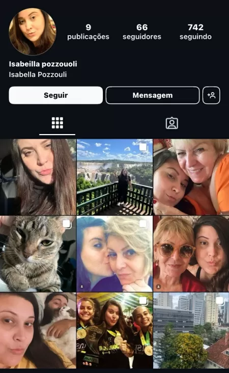 Perfil falso no Instagram com fotos de Isabella Pozzuoli, uma das vítimas de tragédia aérea, usado por golpistas para aplicar golpes.