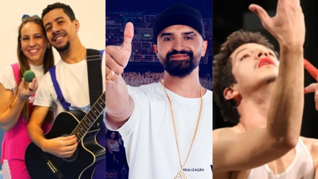 Grupo musical com guitarra, humorista com sinal de positivo e ator com maquiagem de palhaço.