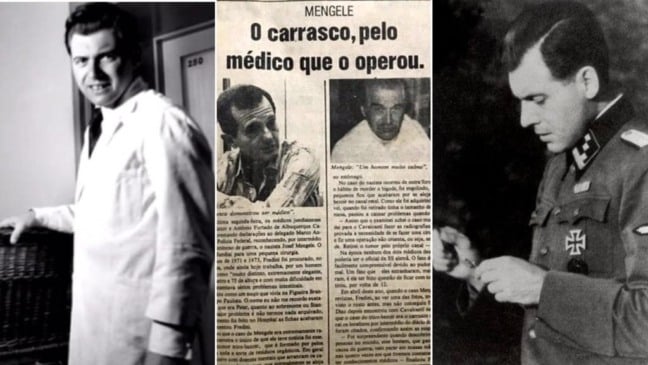 Montagem com imagens históricas de Josef Mengele e recorte do Jornal da Cidade, de Jundiaí, de 1985