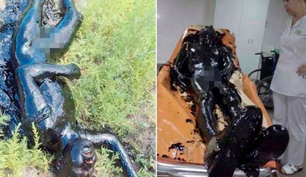 homem cai em tanque de asfalto líquido na russia