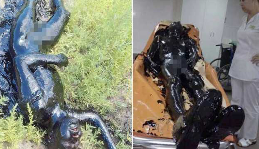 homem cai em tanque de asfalto líquido na russia