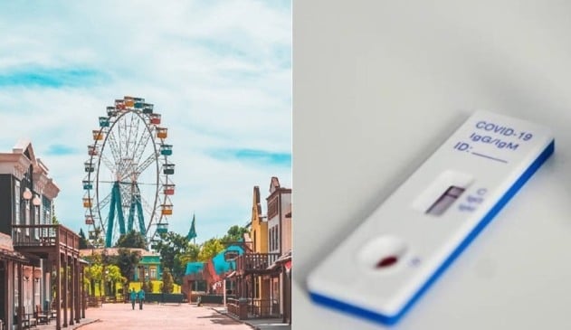 Foto de parque, à esquerda; foto de teste de covid, à direita