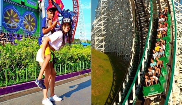 Foto de mulher carregando menino nas costas, à esquerda; foto de montanha-russa, à direita