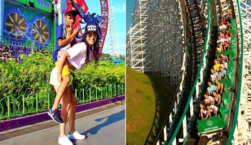 Foto de mulher carregando menino nas costas, à esquerda; foto de montanha-russa, à direita