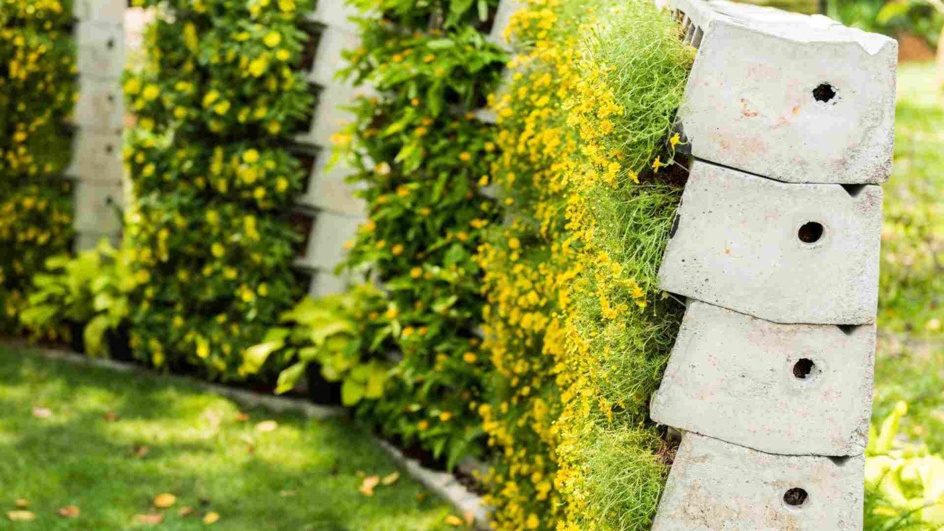 Horta suspensa em bloco de cimento