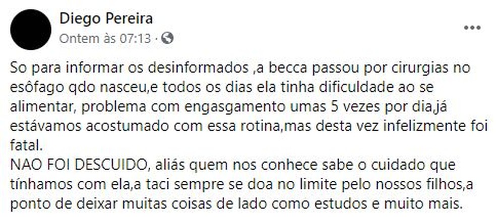 Publicação de Diego Alves, sobre a morte da filha