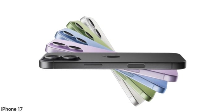 iPhone 17 em diferentes cores (preto, lavanda, azul-névoa, sálvia e branco), mostrando design e câmeras duplas.
