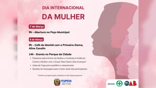 Flyer com a programação do Dia Internacional da Mulher de Itupeva.
